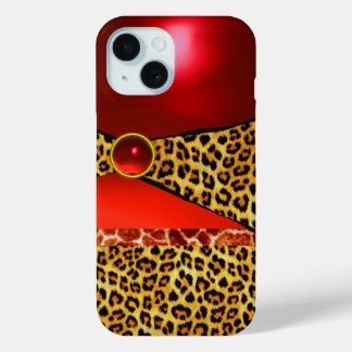 FUNDA PARA iPhone 15 IMPRESIÓN GIRAFFE LEOPARD PIEL ROJO RUBY GEMSTONE