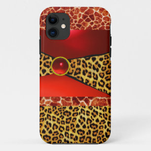 FUNDA PARA iPhone 11 IMPRESIÓN GIRAFFE LEOPARD PIEL ROJO RUBY GEMSTONE