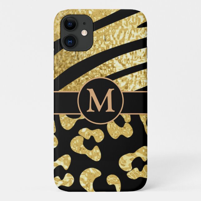 Funda De Case-Mate Para iPhone Impresión personalizada de oro y animales negros (Reverso)
