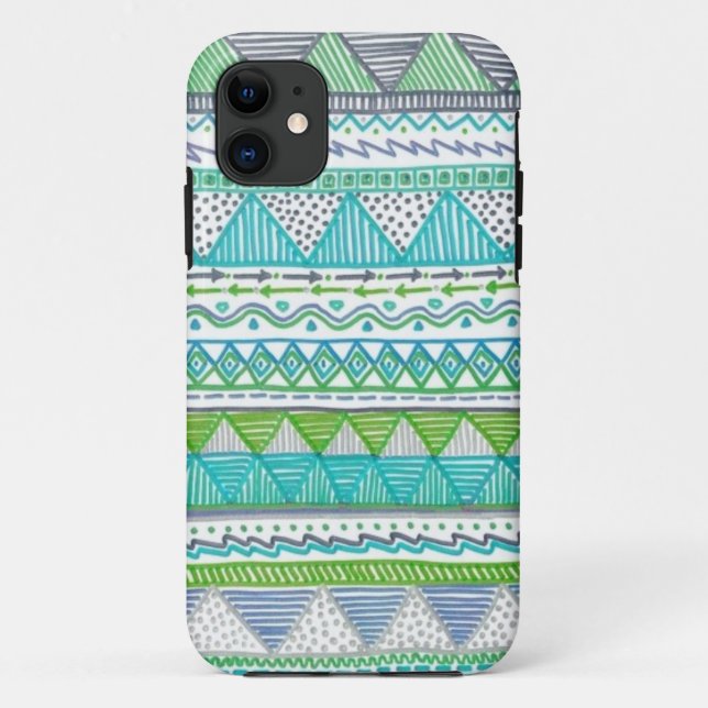 Funda De Case-Mate Para iPhone Impresión tribal azul, blanca, y verde dibujada (Reverso)