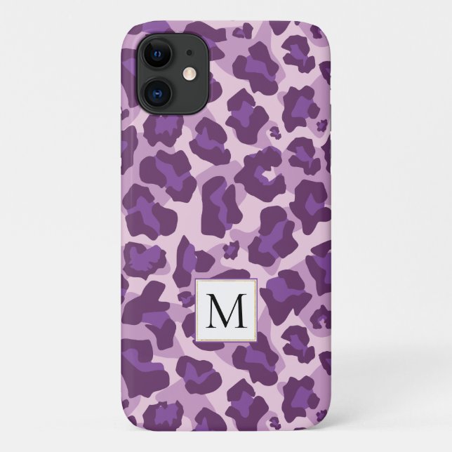Funda De Case-Mate Para iPhone Impresión y monograma de animales leopardo púrpura (Reverso)