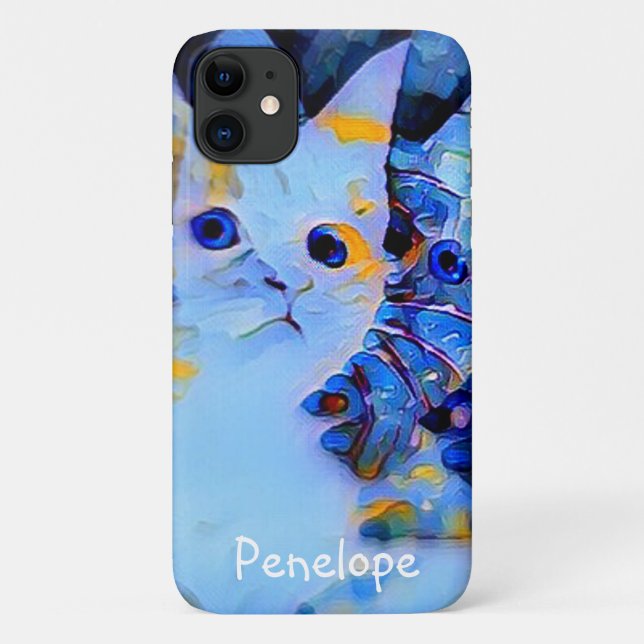 Funda De Case-Mate Para iPhone Impresionista azul lindo gatito arte con tu nombre (Reverso)