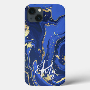 Funda Para iPhone 13 Indigo azul agar mármol abstracto nombre monograma