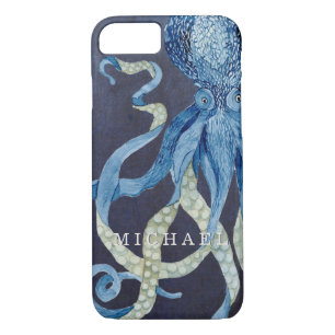 title_seo2 Indigo Ocean Octopus w Red Coral Watercolor Art
