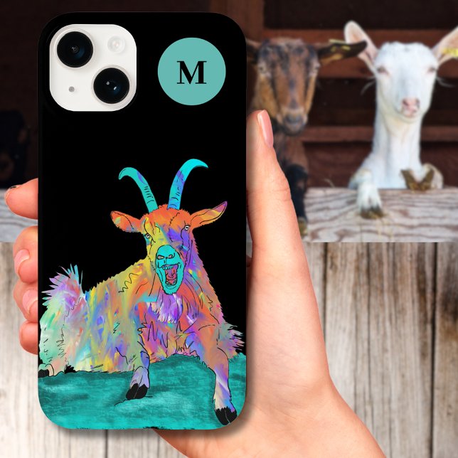 Funda De Case-Mate Para iPhone Inicial de monograma de cabra gritando divertida  (Funny screaming goat colorful farm animal illustration with monogram initial custom iPhone case)
