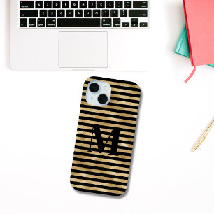 Funda Para iPhone 15 Inicial de monograma dorado con rayas negras