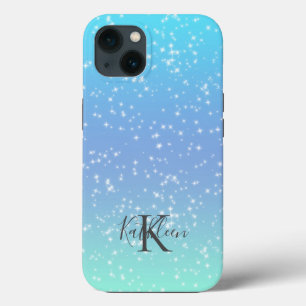 Funda Para iPhone 13 Inicial de monograma nombre azul verde destello om