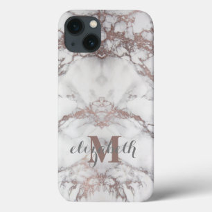 Funda Para iPhone 13 Inicial de nombre monograma rosa oro mármol blanco