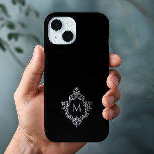 Funda Para iPhone 15 Inicial elegante vintage gris negro del Crest Mono