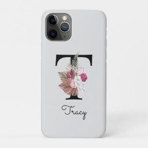 Funda Para iPhone 11 Pro Inicial floral rosa monogramada T