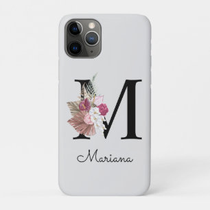 Funda Para iPhone 11 Pro Inicial Monogramada M Rosa Floral Boho