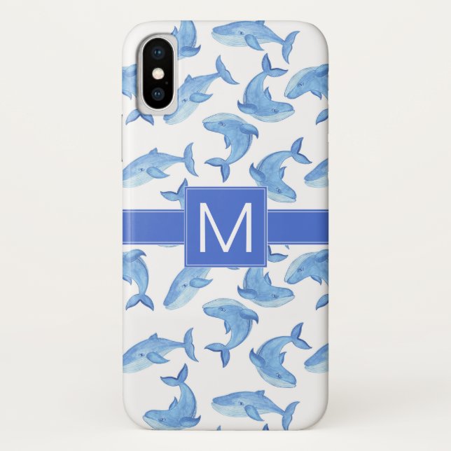 Funda De Case-Mate Para iPhone Inicial | Patrón de ballena azul acuarela (Reverso)