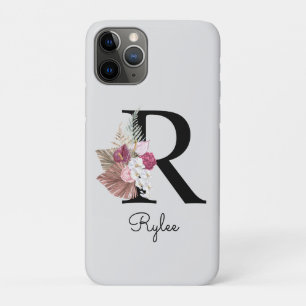 Funda Para iPhone 11 Pro Inicial R floral boho rosa monogramada