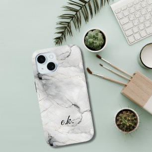 Funda Para iPhone 15 Iniciales de monograma blanco gris negro dorado má