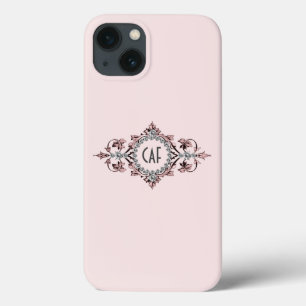 Funda Para iPhone 13 Iniciales de monograma rosa gris plata Florecer