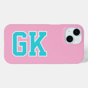 Funda Para iPhone 15 Iniciales de Monograma Varsity Turquesa Rosa Unive