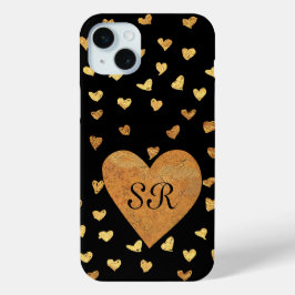 Funda Para iPhone 15 Mini Iniciales del corazón dorado del Relieve metalizad