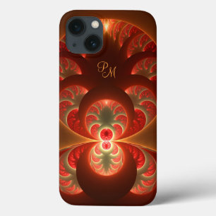 Funda Para iPhone 13 Iniciales fractales abstractas luminosas naranja r