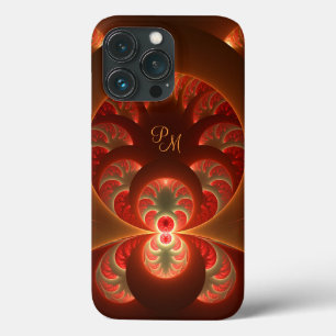 Funda Para iPhone 13 Pro Iniciales fractales abstractas luminosas naranja r