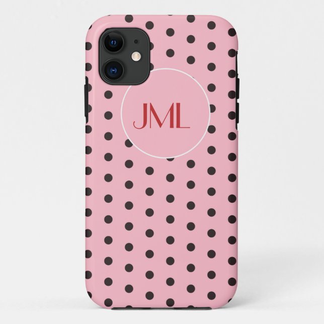 Funda De Case-Mate Para iPhone Iniciales monogramadas con puntos de polka rosa y  (Reverso)