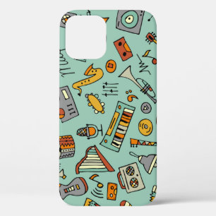 Funda Para iPhone 12 Instrumentos musicales, patrón de sketch vintage.