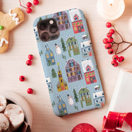 Funda Para iPhone 13 Invierno lindo Casas de nieve de paisaje rojo y az