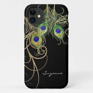 Funda Para iPhone 11 IPhone 5 Modern Peacock Feathers Gold Swirl Nombre