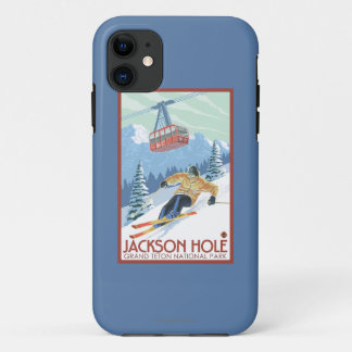 Funda Para iPhone 11 Jackson Hole, esquiador de Wyoming y tranvía