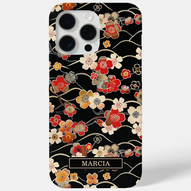 Funda De Case-Mate Para iPhone Japanese Black Floral Pattern Monogrammed (Reverso )