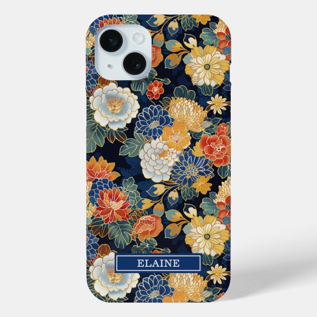 Funda De Case-Mate Para iPhone Japanese Blue Floral Pattern Monogrammed (Reverso )