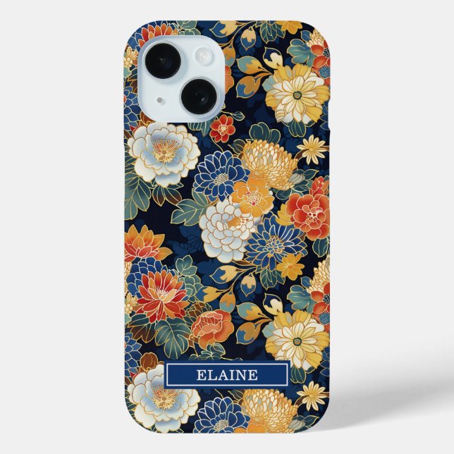Funda De Case-Mate Para iPhone Japanese Blue Floral Pattern Monogrammed (Reverso )