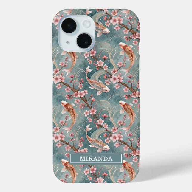 Funda De Case-Mate Para iPhone Japanese Sakura Koi Fish Pattern Monogrammed (Reverso )