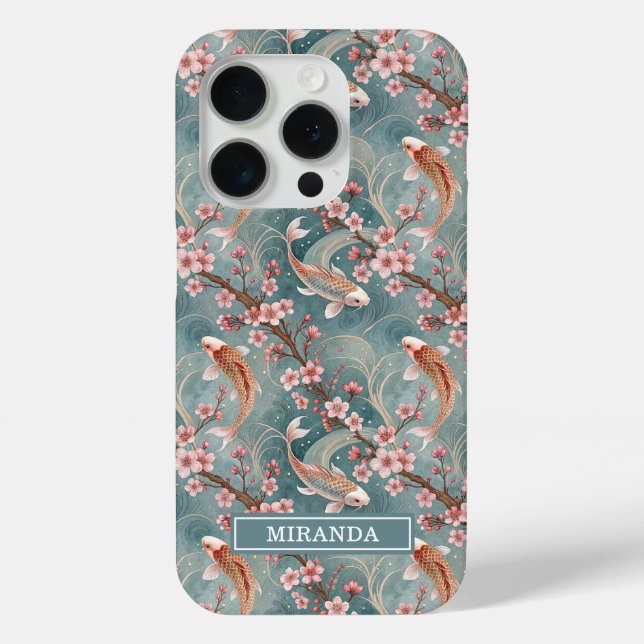 Funda De Case-Mate Para iPhone Japanese Sakura Koi Fish Pattern Monogrammed (Reverso )