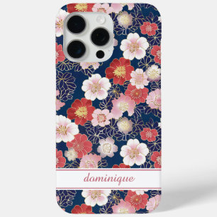 Funda Para iPhone 15 Pro Max Japonés Patrón Floral Rosa Monogramado
