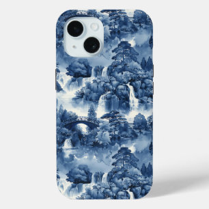 Funda Para iPhone 15 Jardín de agua japonés en porcelana azul blanca