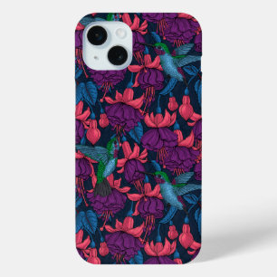 Funda Para iPhone 15 Mini Jardín de colibrís en morado y azul