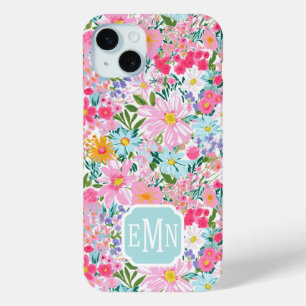 Funda Para iPhone 15 Mini Jardín de Flores Coloridas Moderno con Monograma