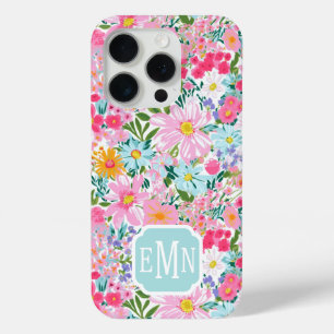 Funda Para iPhone 15 Pro Jardín de Flores Coloridas Moderno con Monograma