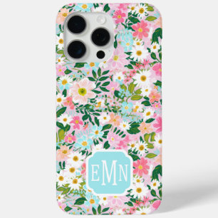 Funda Para iPhone 15 Pro Max Jardín de flores rosadas coloridas monogramadas