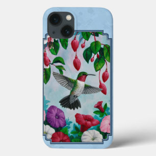 Funda Para iPhone 13 Jardín de flores y Hummingbirds Azul