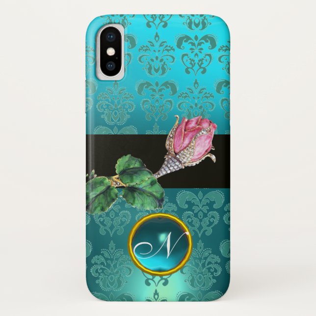 FUNDA DE Case-Mate PARA iPhone JEWEL ROSEBUD ROSEK, MONOGRAMA AZUL VERDE AZULADA  (Reverso)
