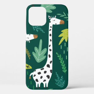 Funda Para iPhone 12 jirafas, hojas, fondo dibujado a mano. Colorido