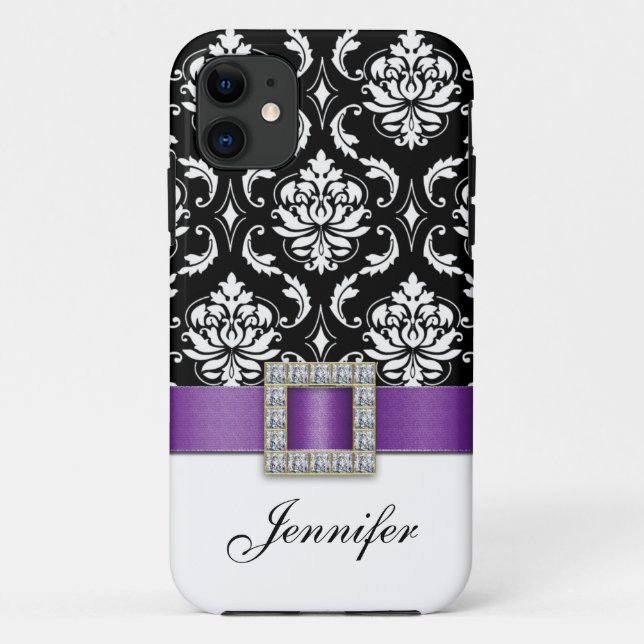 Funda De Case-Mate Para iPhone Joya impresa damasco negro púrpura de la cinta (Reverso)
