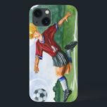 Funda Para iPhone 13 Jugador de fútbol patea una pelota de Jay Throckmo<br><div class="desc">Una pelota de fútbol cuelga en el aire,  esperando el despiadado tiro que el jugador está sacudiendo para dar el salto. ¿Puede doblarlo como Beckham? ¡Una bonita pieza para colgar la pared o para regalar a los aficionados al fútbol en tu vida!</div>