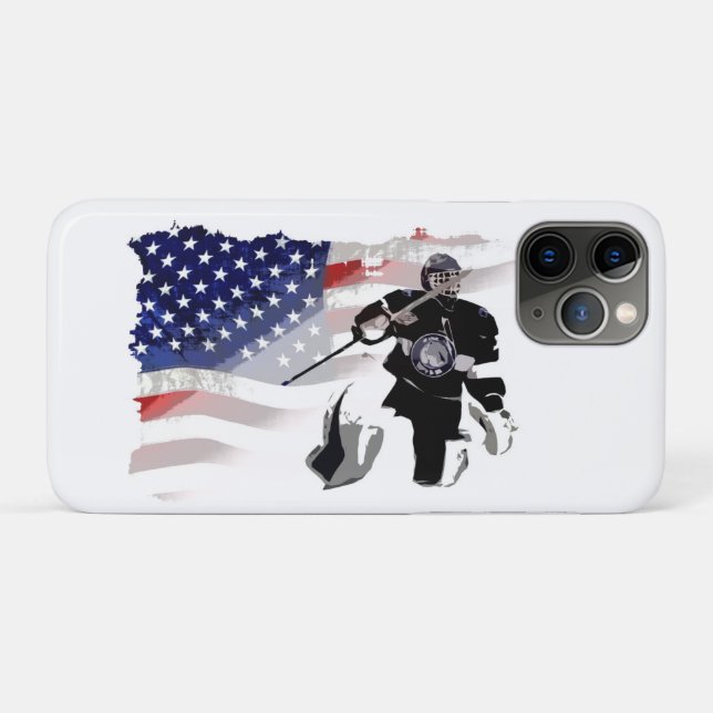 Funda De Case-Mate Para iPhone Jugador de hockey y bandera estadounidense (Reverso (horizontal))