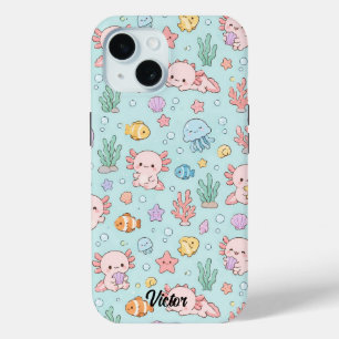 Funda Para iPhone 15 Kawaii Axolotl Ocean Pattern Phone Case
