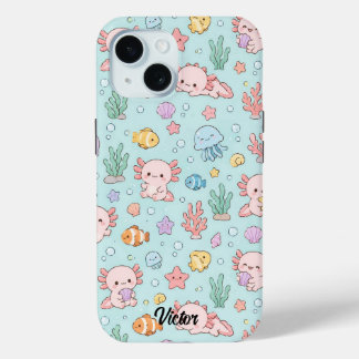 Funda Para iPhone 15 Kawaii Axolotl Ocean Pattern Phone Case