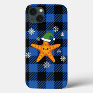Funda Para iPhone 13 Kawaii Navidad Starfish en patrón de búfalo azul
