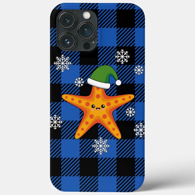 Funda De Case-Mate Para iPhone Kawaii Navidad Starfish en patrón de búfalo azul (Reverso )