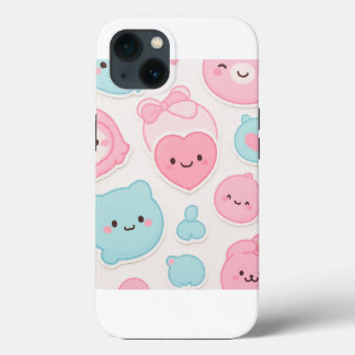 Funda Para iPhone 13 Kawaii Pastel Cute Faces Sticker Set – Pink & Blue